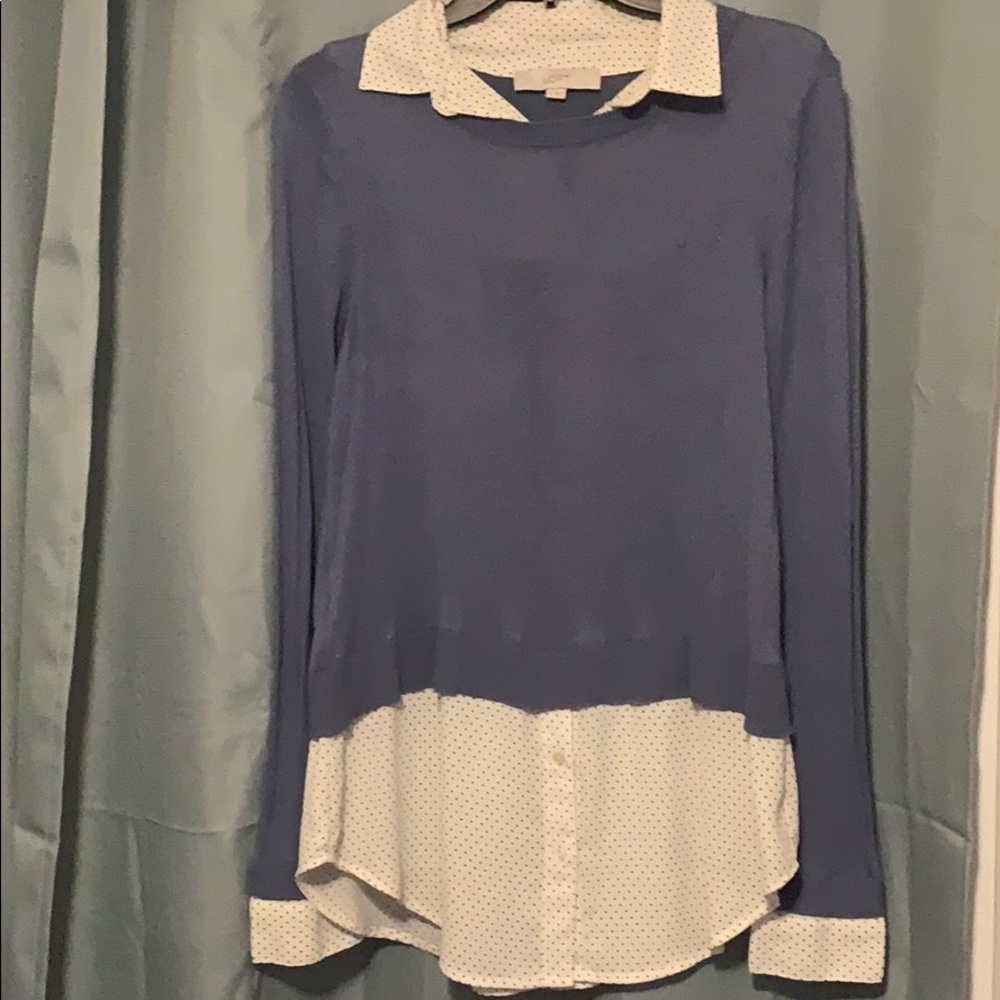 LOFT twofer sweater, slate blue with polka dots
